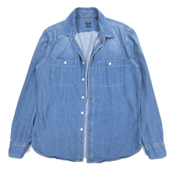 UNIQLO Slim Fit Denim Jean Shirt Minimal Button Down Western Minimal Boho Indie - Picture 1 of 5